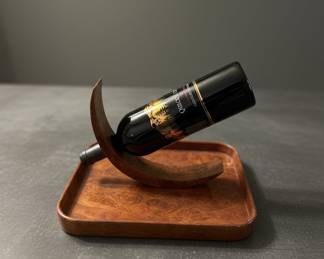 Burl Wood Wine Bottle Holder and Tray Set