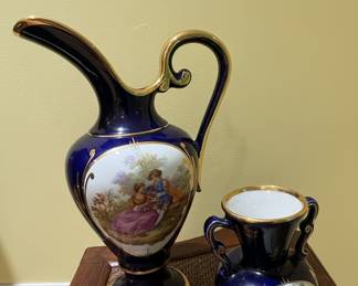 Porcelaine R Made in France Cobalt Porcelain Pitcher and Vase Set