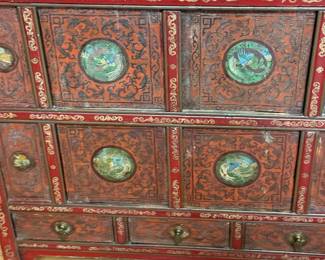 Tibetan Red Lacquer Cabinet with Painted Motifs
