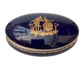 Limoges France Cobalt Blue Oval Trinket Box with Courting Couple