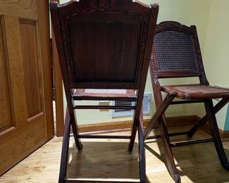 Vintage Chinese Carved Hardwood Folding Chairs with Rattan Panels