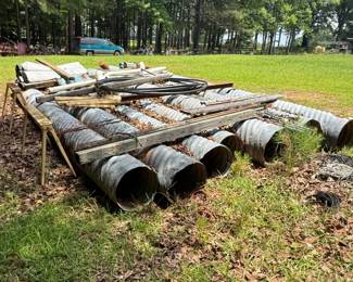 Mixed Lot of Corrugated Metal Pipe Sections, Lumber, Tubing and Utility Materials