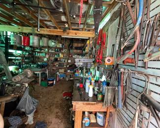 Workshop Tool Shed Contents: Drill Press, Bench Grinder, Hand Tools & Agricultural Implements