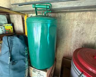 Two painted metal hand-pump tank sprayers - additional view