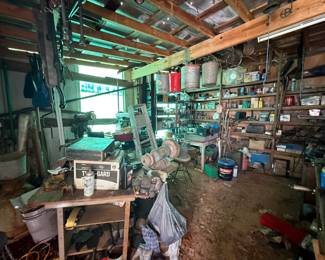 Workshop Tool Shed Contents: Drill Press, Bench Grinder, Hand Tools & Agricultural Implements - additional view