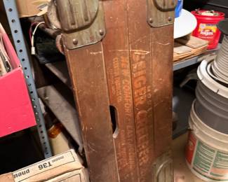 Vintage Berger-branded wooden packboard or back carrier with leather straps