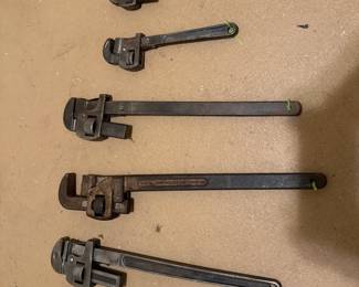 Vintage pipe wrenches including Walworth Stillson and RIDGID