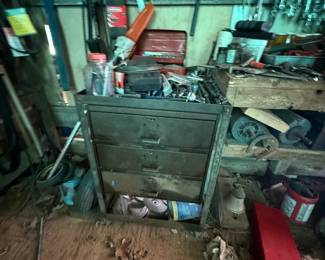 Workshop tool lot with rolling metal drawer cabinet, hand tools, and shop misc.