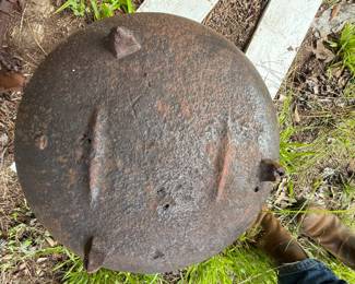 Large three-legged metal wash pot or cauldron, photographed upside down - additional view