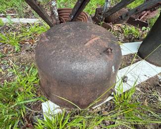 Large three-legged metal wash pot or cauldron, photographed upside down