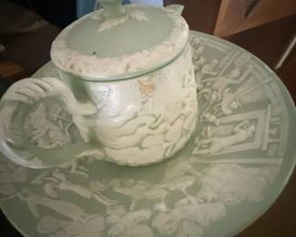 Handcrafted pale-green and white relief-decorated ceramic serving set, 4 pieces - additional view