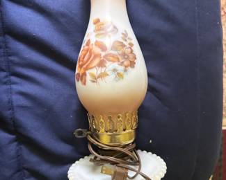 Group of three decorative electric table lamps: matching pair plus one floral glass lamp - additional view