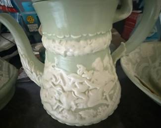 Handcrafted pale-green and white relief-decorated ceramic serving set, 4 pieces - additional view