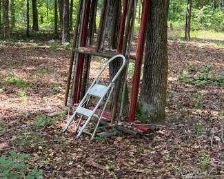 Tubular steel scaffold/frame components with folding step stool