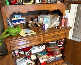 Oak hutch cabinet. All items in photo for sale (except Kermit!).