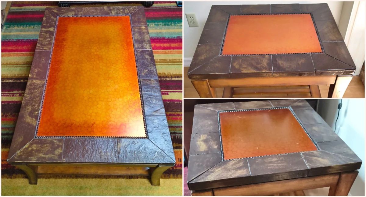 Coffee table measurements: 48" long x 32" wide x 18" tall End table measurements: 28" long x 24" wide x 25" tall The coffee table and both end tables feature the same complementing design details. Solid wood base with stone tile border and orange/copper acrylic inset top. These tables have a rugged and rustic feel and features brown, bronze, amber, and burnt orange colors. The base on each table is solid wood in a warm walnut-brown finish, with gently flared, tapered legs and a slatted lower shelf for storage or display. A true statement piece with a lot of texture and personality. Please note: These are VERY HEAVY. You will need at least two people to move the coffee table.