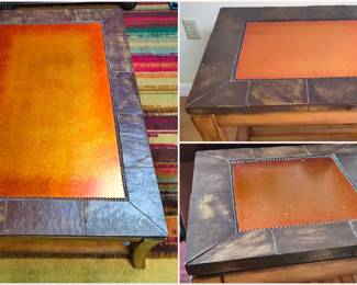 Coffee table measurements: 48" long x 32" wide x 18" tall  End table measurements: 28" long x 24" wide x 25" tall  The coffee table and both end tables feature the same complementing design details.   Solid wood base with stone tile border and orange/copper acrylic inset top.   These tables have a rugged and rustic feel and features brown, bronze, amber, and burnt orange colors.   The base on each table is solid wood in a warm walnut-brown finish, with gently flared, tapered legs and a slatted lower shelf for storage or display.  A true statement piece with a lot of texture and personality.  Please note: These are VERY HEAVY. You will need at least two people to move the coffee table. 