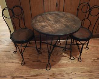 Antique Children's Ice Cream Parlor Oak Table and 2 Chairs - Circa 1920 (SC)
