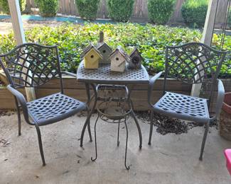 Patio set and wooden bird houses