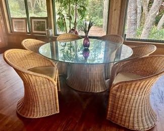 Wicker Glass Top Table and 6 Wicker Chairs