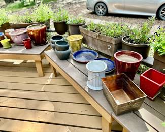 Big assortment of pots and planters. Wooden Benches for sale also