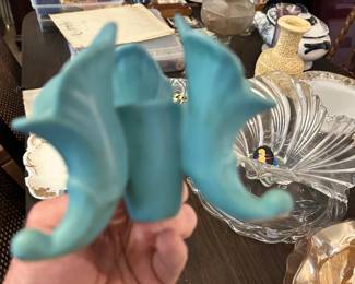 Vintage Van Briggle Pottery turquoise-blue triple cornucopia vase or candleholder