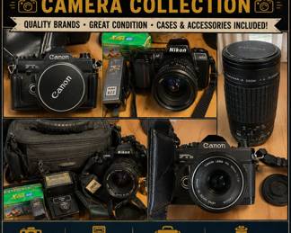Vintage Cameras Nikon, Canon, Vivitar, 200mm Pentax zoom