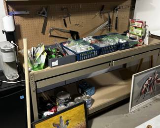 Like new work bench as well as assorted tools