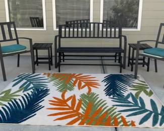 Black Metal Outdoor Patio Set with Bench, Chairs, Tables Rug