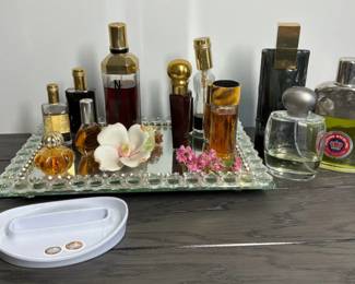 Vintage Perfume Bottles on Mirrored Tray