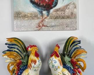 Fitz and Floyd Ricamo Rooster Figurines with Painting