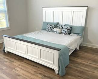 KingSize Panel Bed White Dark Finish with Mattress and Bedding