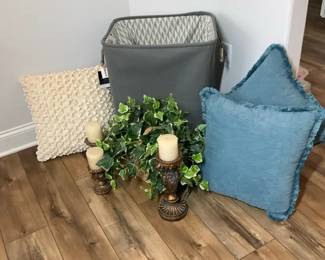 Home Dcor Blue Cream Throw Pillows, Fabric Storage Basket, Faux Ivy Garland Or