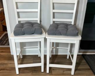 Pair of White CounterHeight LadderBack Chairs with Cushions