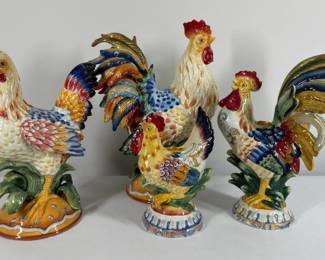 Fitz Floyd Rooster Hen Figurines, Colorful Farmhouse Decor