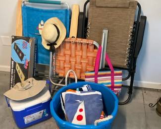 Folding Beach Chairs, Igloo Cooler, Beach Towels Accessories
