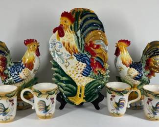 Fitz Floyd Rooster Decor Matching Coffee Mugs 7 Pc Lot