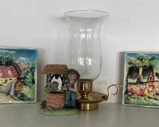 Vintage Made in Japan Village Scene Plaques, Figurine, Glass Vase Candle Holder