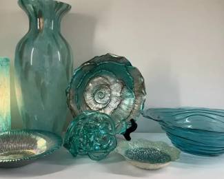 Blue Teal Glass Vases, Bowls Decorative Pieces