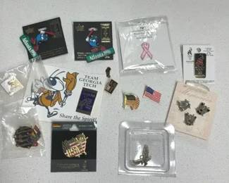 Commemorative and Enamel Lapel Pins Including Atlanta 1996, Georgia Tech and American Flag