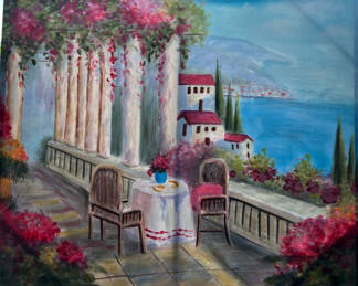 Lot 30: Two Chairs and Round Table on a Columned Terrace 35-1/2" x 30"