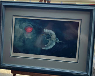 Lot 106: ARTIST SIGNED Framed night-sky bird painting with red sun 23" X 17"