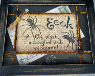 Lot 31: Halloween framed art with spiders and broom 12" x 9"