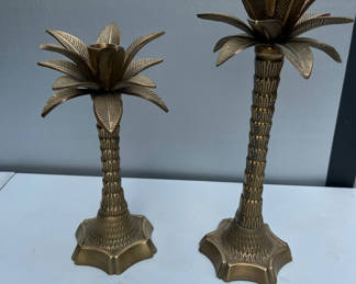 Lot 113: Brass palm tree sculptures (pair) candle holders