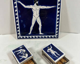 Lot 93: Blue Ceramic Tile and Two Matching Blue-Artwork Matchboxes