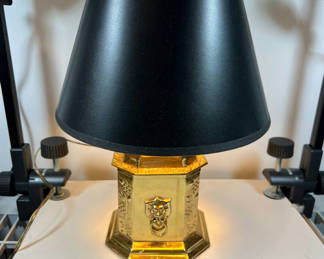 Lot 21: Gold-tone hexagonal table lamp with black shade