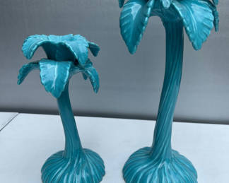 Lot 112: Pair of turquoise ceramic palm tree sculpture candle holders