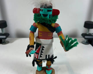 Lot 12: Gero Thomas "Mustard Green" Handcrafted painted wooden figurine with feathered headdress