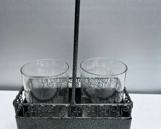 Lot 114: Etched floral glass tumblers in a decorative metal caddy