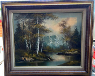 Lot 26: Landscape with Birch Trees and Mountains (signed Wallace) 27" x 23"